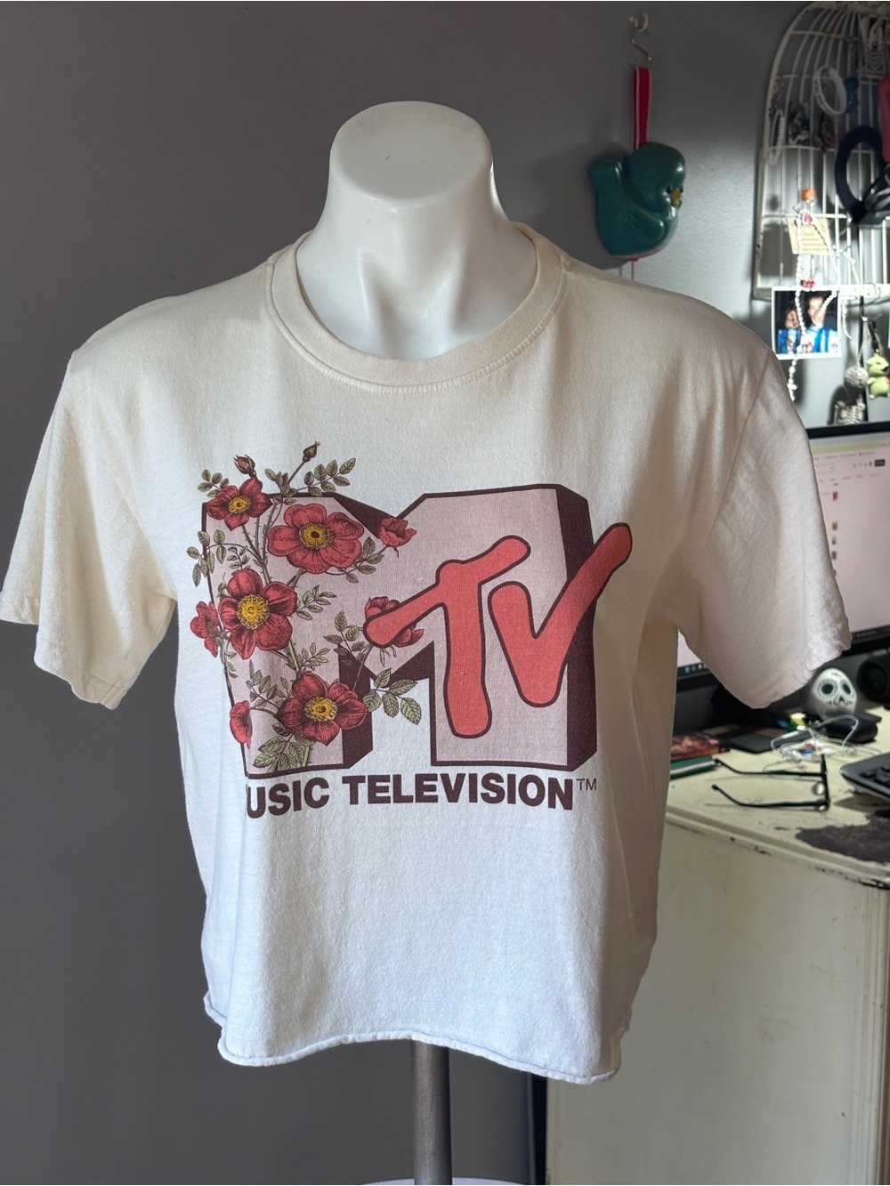 MTV Cream Short-Sleeve Floral Tee with Pink Accents